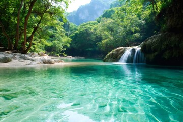 Obraz premium Beautiful waterfall flowing into turquoise pond in tropical jungle