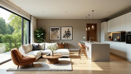 Contemporary open plan living room and kitchen with stylish furniture, elegant, modern, luxury
