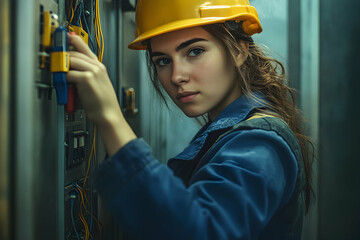 Young woman electrician inspecting electrical panel wiring wearing safety gear.
