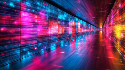 Futuristic corridor with vibrant neon purple and pink lights creating reflective geometric patterns, cyberpunk sci-fi tunnel perspective background