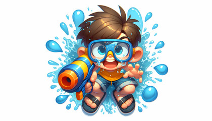Fototapeta premium Songkran A top-down perspective of a cartoon character wearing a yellow tank top and blue shorts, crouching w4
