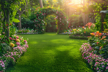 Fototapeta premium Lush Green Garden Under a Romantic Sunset: A Perfect Blend of Elegance and Serenity