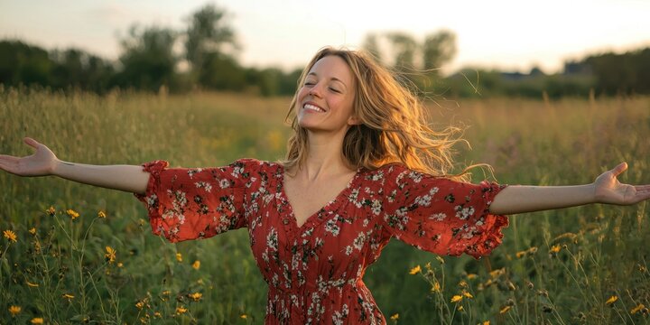 A woman spinning in a field with her arms outstretched, joyfully embracing the moment