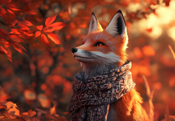 Fototapeta premium Elegant Fox with Scarf Surrounded by Vibrant Red Foliage