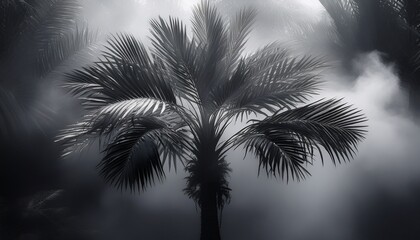 A close up view of a palm surrounded by smoke and mist; a mysterious and mystical of a palm tree in black and white; mystery and foggy; creative photography; palm tree with foggy smog surrounding
