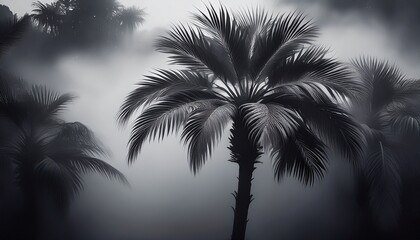 A close up view of a palm surrounded by smoke and mist; a mysterious and mystical of a palm tree in black and white; mystery and foggy; creative photography; palm tree with foggy smog surrounding