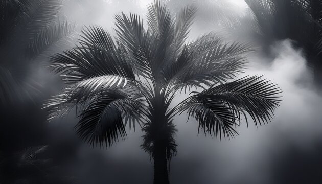 A close up view of a palm surrounded by smoke and mist; a mysterious and mystical of a palm tree in black and white; mystery and foggy; creative photography; palm tree with foggy smog surrounding - Powered by Adobe