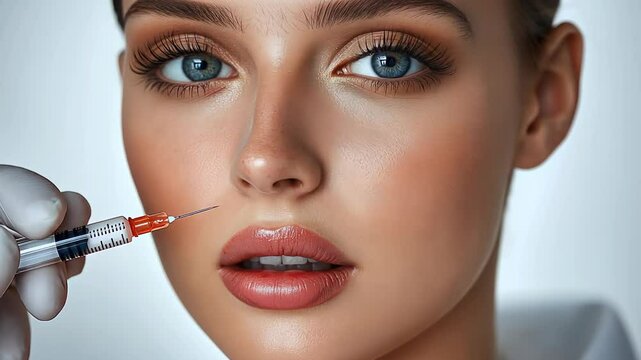 Close-up of a woman&rsquo;s face receiving a cosmetic lip injection with a syringe. The image conveys beauty enhancement, dermatology, aesthetic medicine, and modern cosmetic procedures