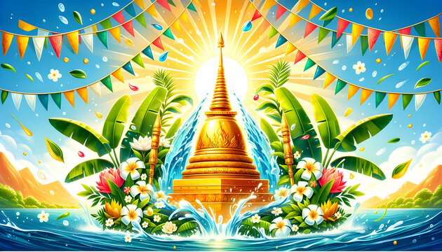 Songkran A festive and vibrant depiction of Songkran with a golden stupa at the center, surrounded by water s4