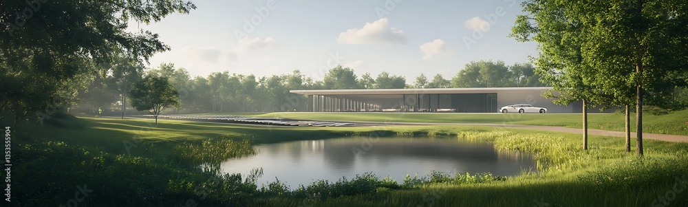 Poster modern architecture blends seamlessly with nature, featuring a serene landscape and reflecting pond.