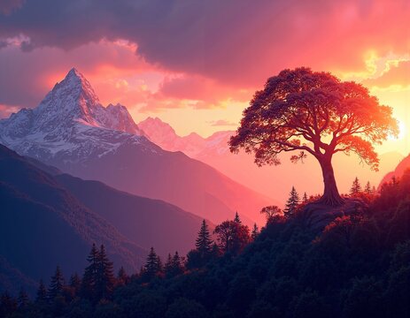 Majestic sunset over mountainous landscape with lone tree