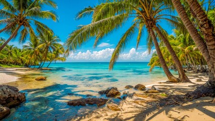 Sun-Kissed Palm Beach with Turquoise Water, Classic Tropical Paradise for Relaxation.