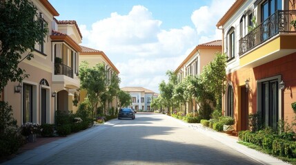 Fototapeta premium Charming Street Shows Colorful Houses and Lush Gardens with Sunny Daytime Atmosphere
