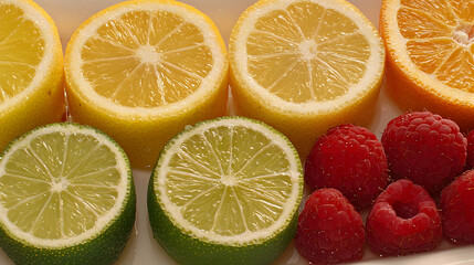 Citrus fruits and raspberries on white background