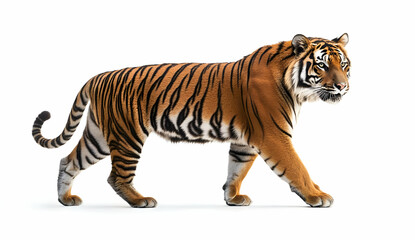 Obraz premium Adult Tiger Walking in Profile from Side View on White Background