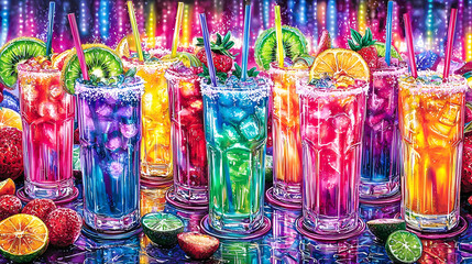 Colorful fruit cocktails at a vibrant bar