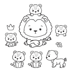 Set of Lion Father Collection Vector, Hand Drawn Lion and Lion Cub Outline Coloring Page, Minimal Lion Baby Line Art Doodle in Different Pose. 001