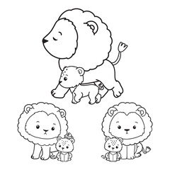 Set of Lion Father Collection Vector, Hand Drawn Lion and Lion Cub Outline Coloring Page, Minimal Lion Baby Line Art Doodle in Different Pose. 003