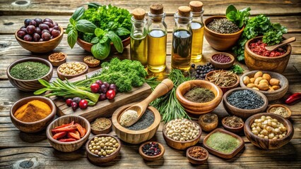 Wellness-Focused Nutrition A vibrant display of herbs, spices, and oils arranged in bowls on a rustic wooden table.
