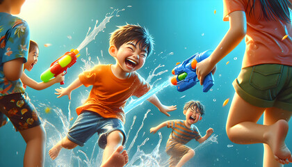 Songkran A cheerful boy in an orange T-shirt and blue shorts is caught mid-action, laughing as he dodges a pl2