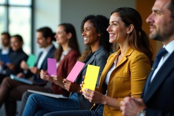 Diverse group of professionals holding vibrant paper cards at conference, meeting, colorful, business