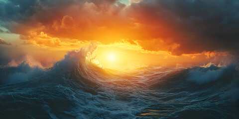 Fiery Ocean Wave at Sunset with Vibrant Sky and Water Glow. 