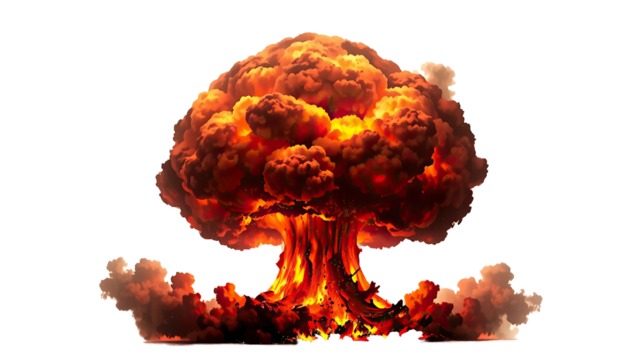 Big nuclear explosions with ominous mushroom cloud isolated on transparent white background. Nuclear bomb explosion. PNG format, allowing for easy integration into various design projects