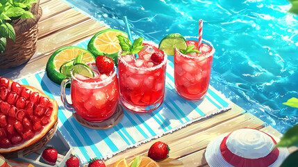 Summer cocktails by pool, fruit, relaxation