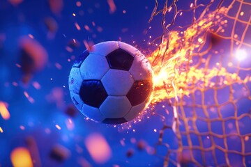 Fototapeta premium Burning soccer ball exploding through net