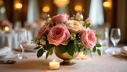 Obraz premium Elegant Arrangement of Lush Pink Roses in a Charming Vase Surrounded by Green Leaves for Natural Beauty