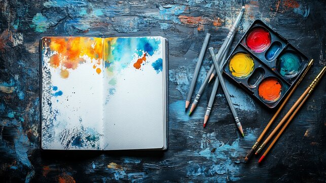 Open sketchbook with colorful watercolor splatters, art supplies