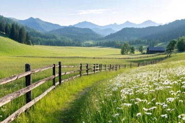 Wooden fence stretching across a field of daisies in the Alps