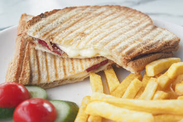 Delicious grilled cheese sandwich served with fries and salad