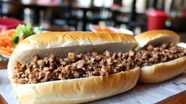 Two open sandwiches filled with ground meat and toppings ready to eat