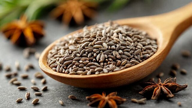 Wooden spoon with cumin seeds, spices on grey surface