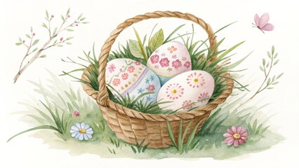 Watercolor Easter Eggs in Basket Floral Design, Spring Concept, Illustration, Easter, Watercolor Painting Easter, Spring