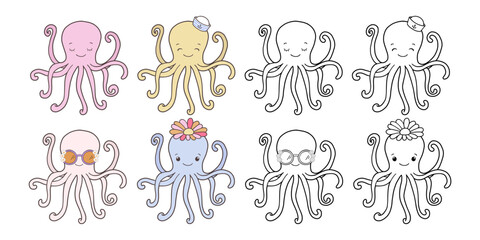 Set of Groovy Sea Animal Collection Vector, Hand Drawn Octopus Color and Outline Coloring Page for Book Animals for Kids.