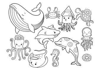 Set of Groovy Sea Animal Collection Vector, Hand Drawn Octopus Squid Whale Stingray Seahorse Jellyfish Dolphin Turtle Shark Outline Coloring Page or Book Animals for Kids.