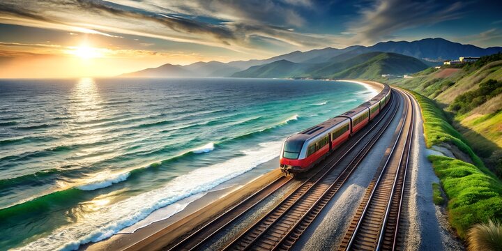 A simple and clear sentence to name the image could be:
Train near the beach and city during sunset with sky railway and urban landscape