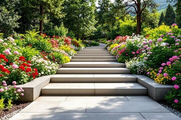Obraz premium Beautiful garden staircase surrounded by colorful flowers and lush greenery.