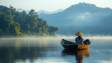 Peaceful lake scene at dawn. A solitary figure in a traditional boat, serene and contemplative, amidst misty mountains and lush greenery