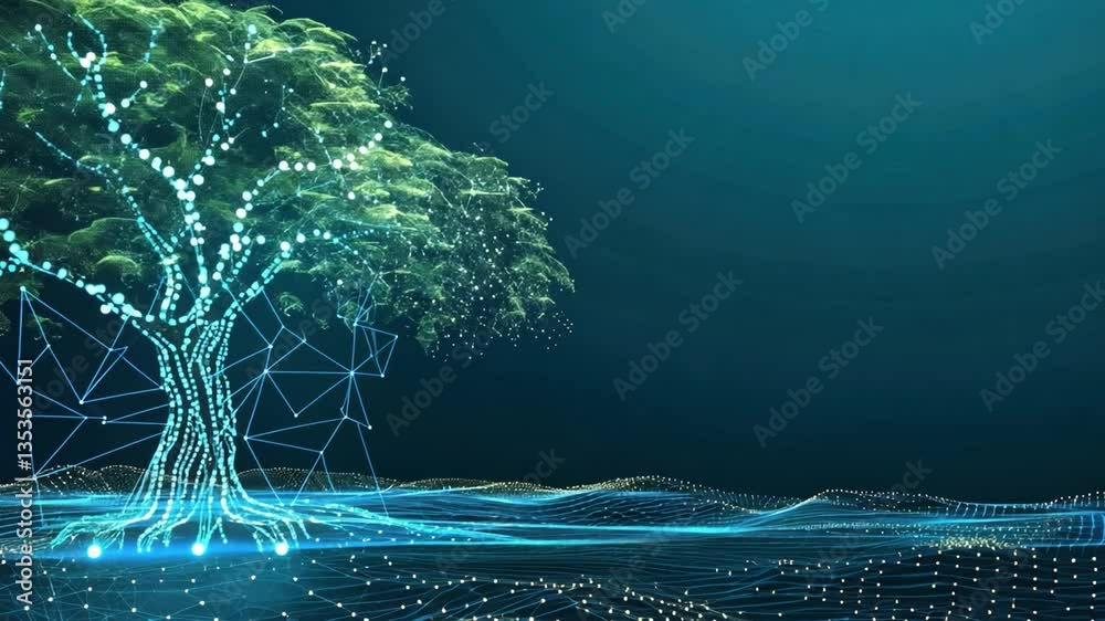 Poster digital tree glowing network of lines and dots harmonizing technology and nature in abstract represe
