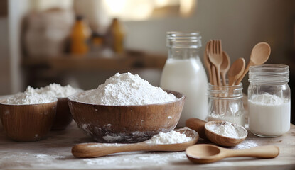 Fototapeta premium Ingredients for baking with flour in wooden bowls and milk in glass bottles on a tabletop. 