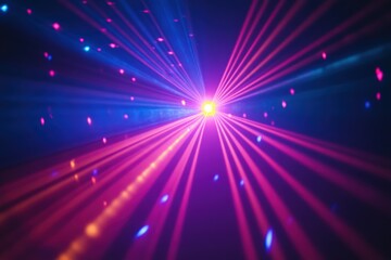 Vibrant laser light beams radiating from a bright central focus