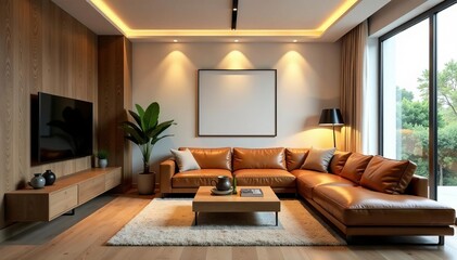 Minimalistic living room with light fixtures, leather couch, and wooden coffee table, design, home, coffee table