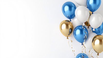 Blue, gold, white balloons; celebration; white background; party