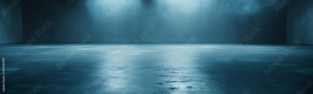 Poster dark, reflective floor space illuminated by soft blue lights creates a moody atmosphere.