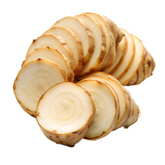 Closeup of Sliced Raw Galangal Root Showing its Pale Yellow Flesh and Brown Skin a Popular Ingredient in Southeast Asian Cuisine isolated on white or transparent background