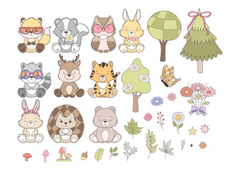 Set of Groovy Woodland Animal Collection Vector, Hand Drawn Bear Rabbit Skunk Racoon Squirrel Fox Bear Deer Hedgehog Owl and Tiger Design.