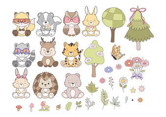 Obraz premium Set of Groovy Woodland Animal Collection Vector, Hand Drawn Bear Rabbit Skunk Racoon Squirrel Fox Bear Deer Hedgehog Owl and Tiger Design.